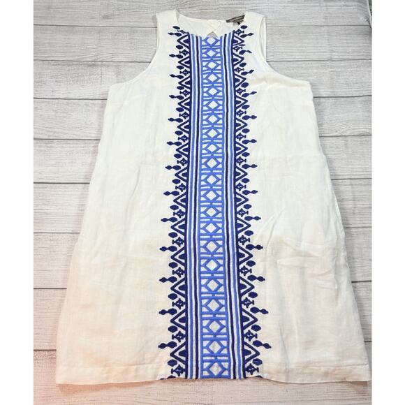 Tommy Bahama 100% Linen Embroidered Tank Dress White Blue Lined Pockets Size L - Picture 1 of 7
